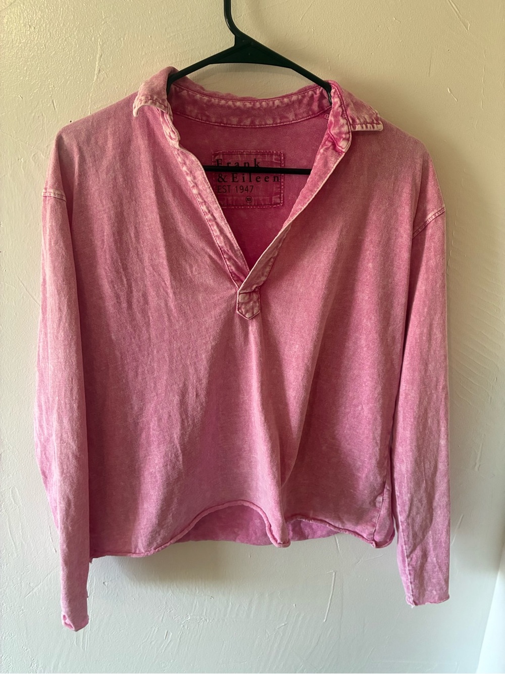 Frank & Eileen Patrick Popover Pink Acid Washed Cotton Long-Sleeve Polo XS